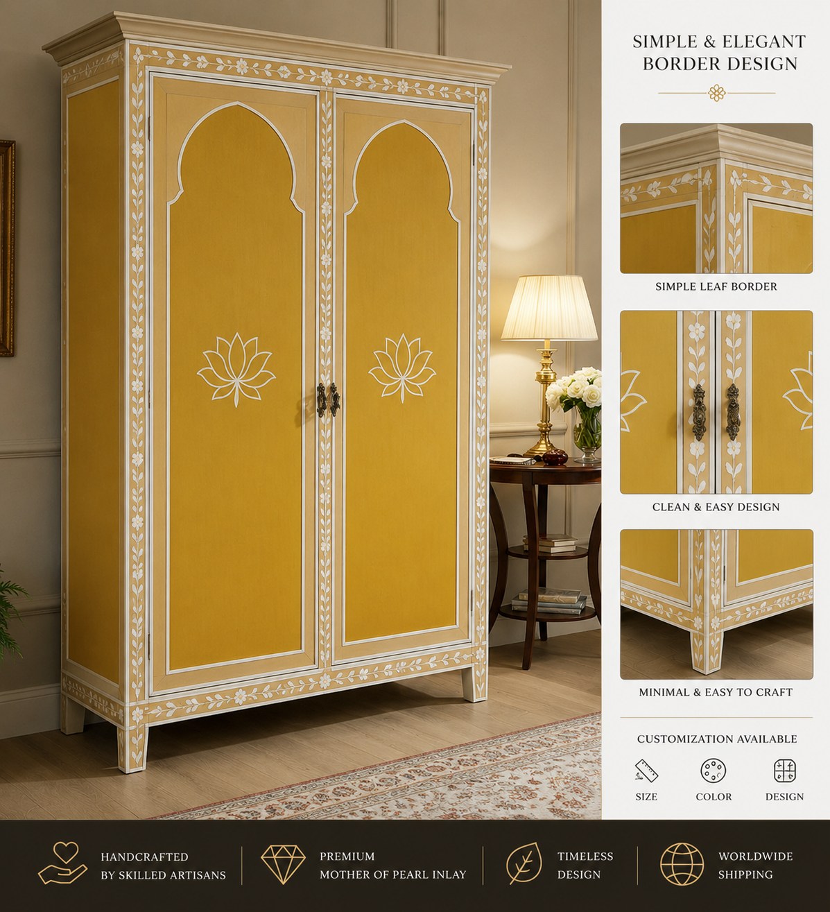 Handcrafted Indian Bone Inlay Mustard Yellow Wardrobe | Luxury Handmade Wardrobe