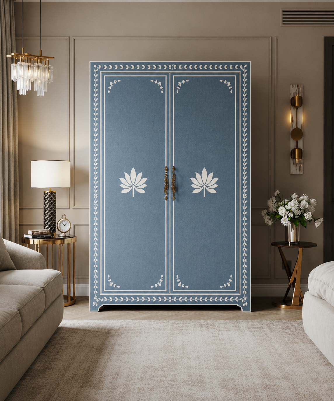 Elegant Green Floral Pattern Wooden Wardrobe | Luxury Handmade Wardrobe