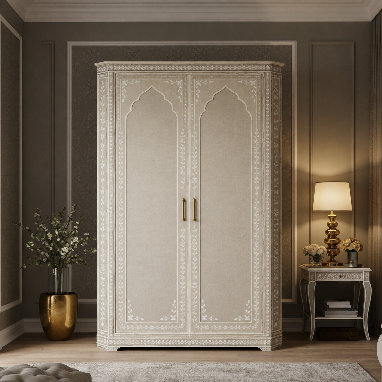 Elegant Bone Inlay Two-Door Wardrobe | Luxury Handmade Wardrobe