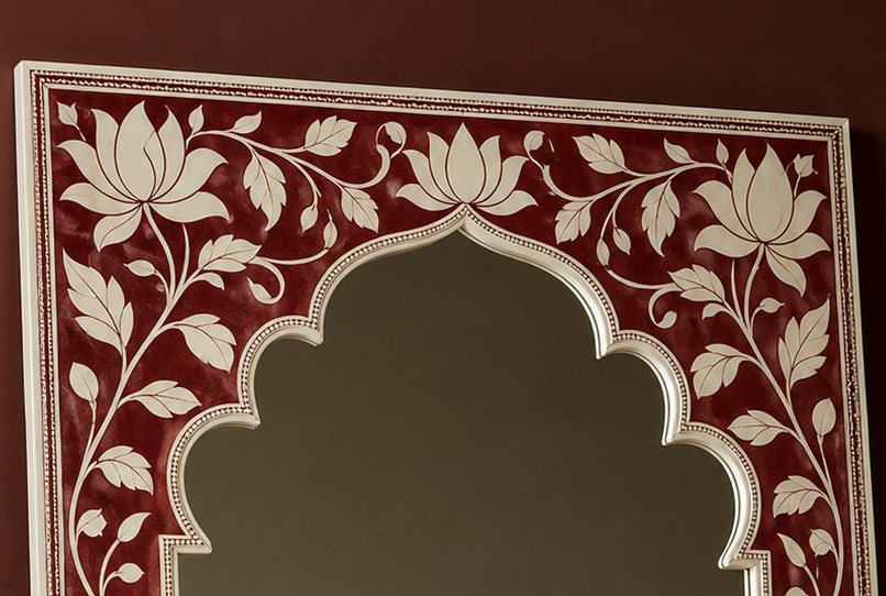 Ornate Decorative Floor Mirror with Red and White Floral Frame | Luxury Handmade Mirror