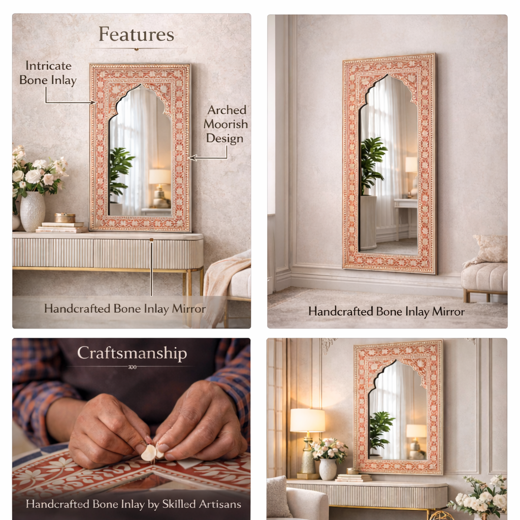 Handcrafted Inlay Arched Wall Mirror – Luxury Floral Inlay Decorative Mirror