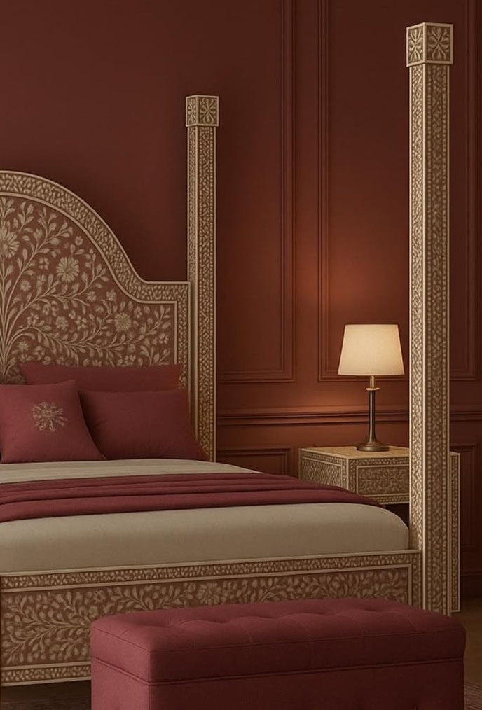 Luxury MOP Inlay Bed Frame with POLES on all corners
