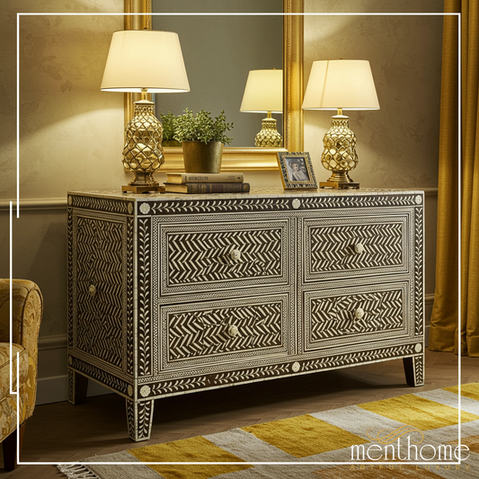 Intricately Designed Bone Inlay Four Drawer Chest | Luxury Handmade Dresser