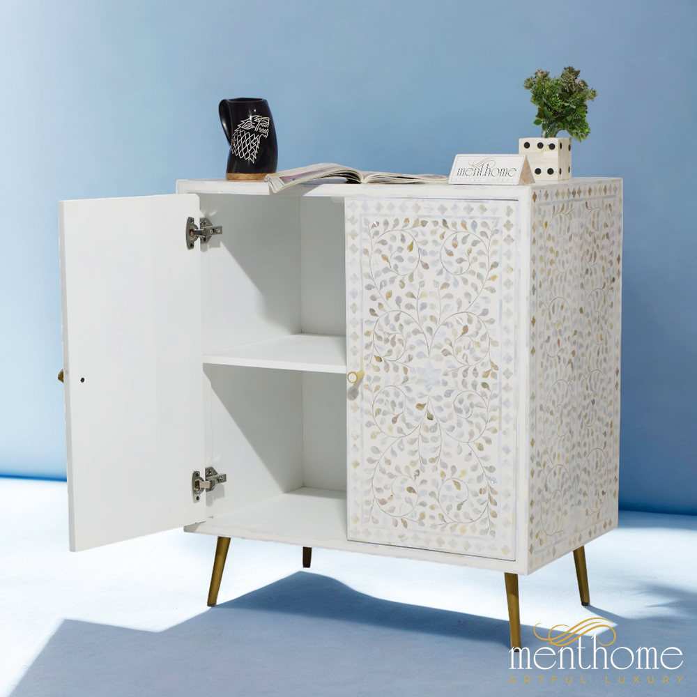 Mother of Pearl 2-door cabinet with brass leg | Luxury Handmade Cabinet