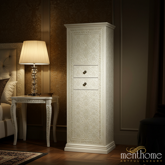 Elegant Vintage White Wooden Storage Cabinet | Luxury Handmade Tallboy