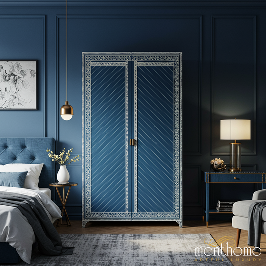 Elegant Blue Hand-Painted Wardrobe with Intricate Border Design | Luxury Handmade Wardrobe