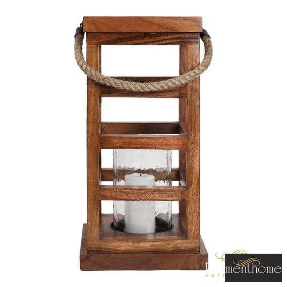 Rectangular Wooden Lantern With Jute Rope Candle Holder | Luxury Handmade Candle Holder