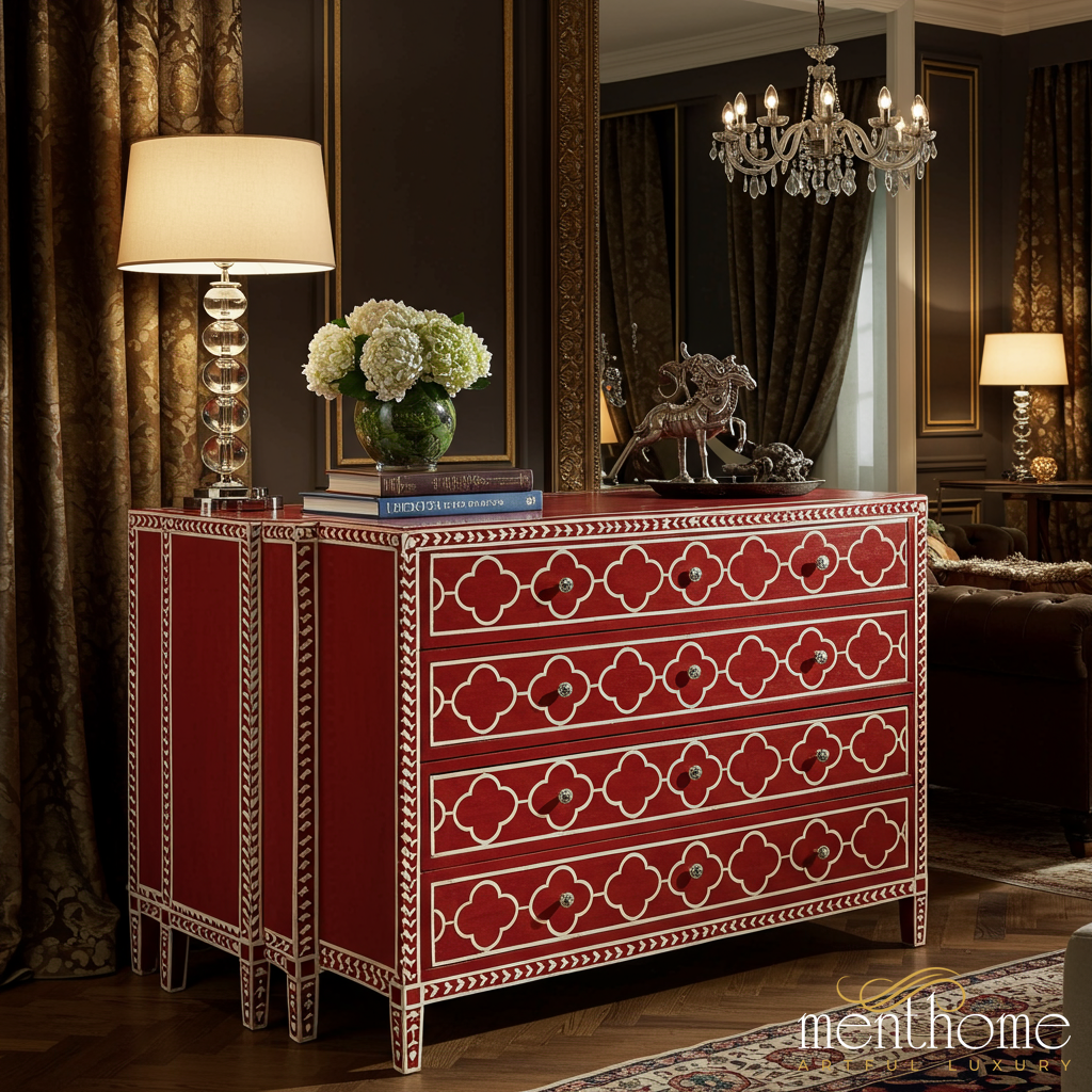 Red Decorative Wooden Chest of Drawers with Inlay Pattern | Luxury Handmade Dresser