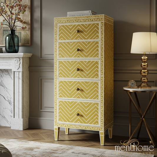 Yellow Geometric Patterned Tall Chest of Drawers | Luxury Handmade Tallboy