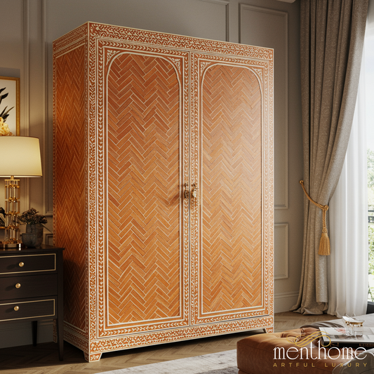 Handcrafted Wooden Wardrobe with Intricate Bone Inlay Design | Luxury Handmade Wardrobe