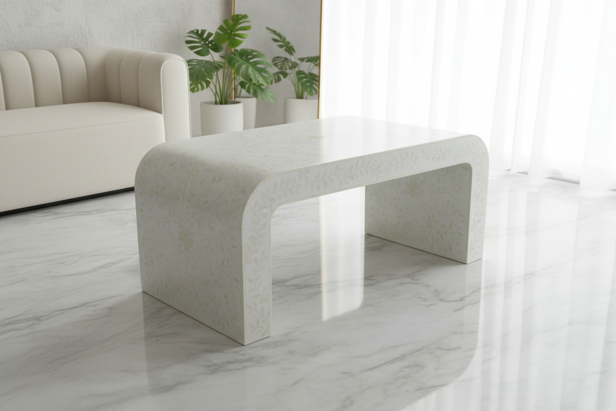 Ivory Mother of Pearl Inlay Waterfall Coffee Table – Luxury Modern Center Table (36"W x 20"D x 16"H)