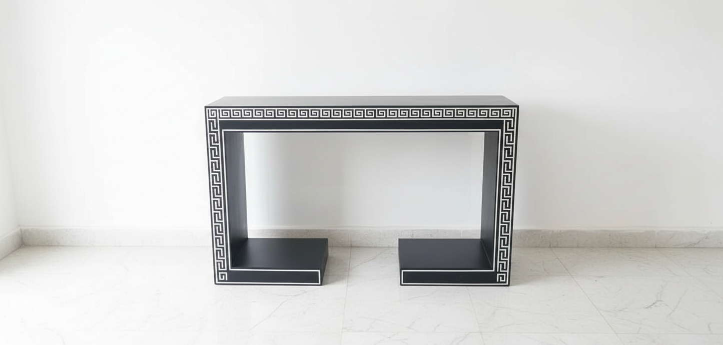 Ready to Ship in India | Black Bone Inlay Console Table 48"W x 14"D x 30"H | Luxury Handmade Geometric Inlay Entryway Console