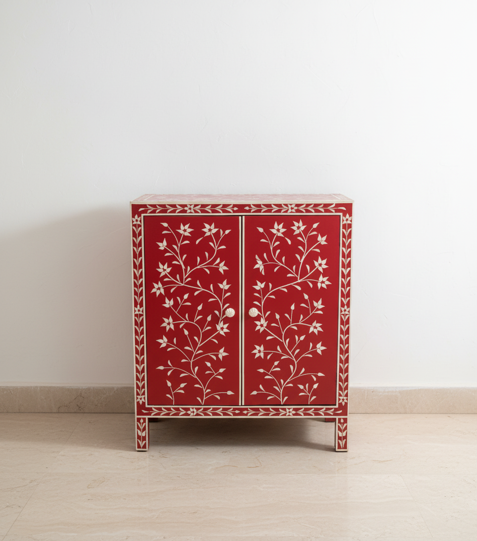 Ready to Ship in India | Red Floral Bone Inlay Cabinet – Handmade 2 Door Storage Cabinet | Luxury Bone Inlay Furniture | 30W x 16D x 35H Inches