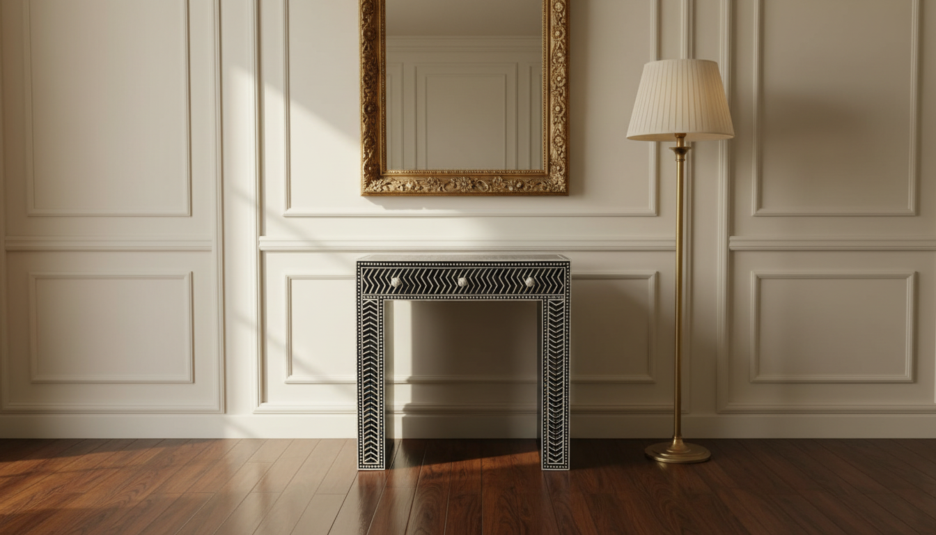 Ready to Ship Bone Inlay Writing Desk / Console Table – Black & White Chevron Design (34"W x 18"D x 30"H) | Handmade in India