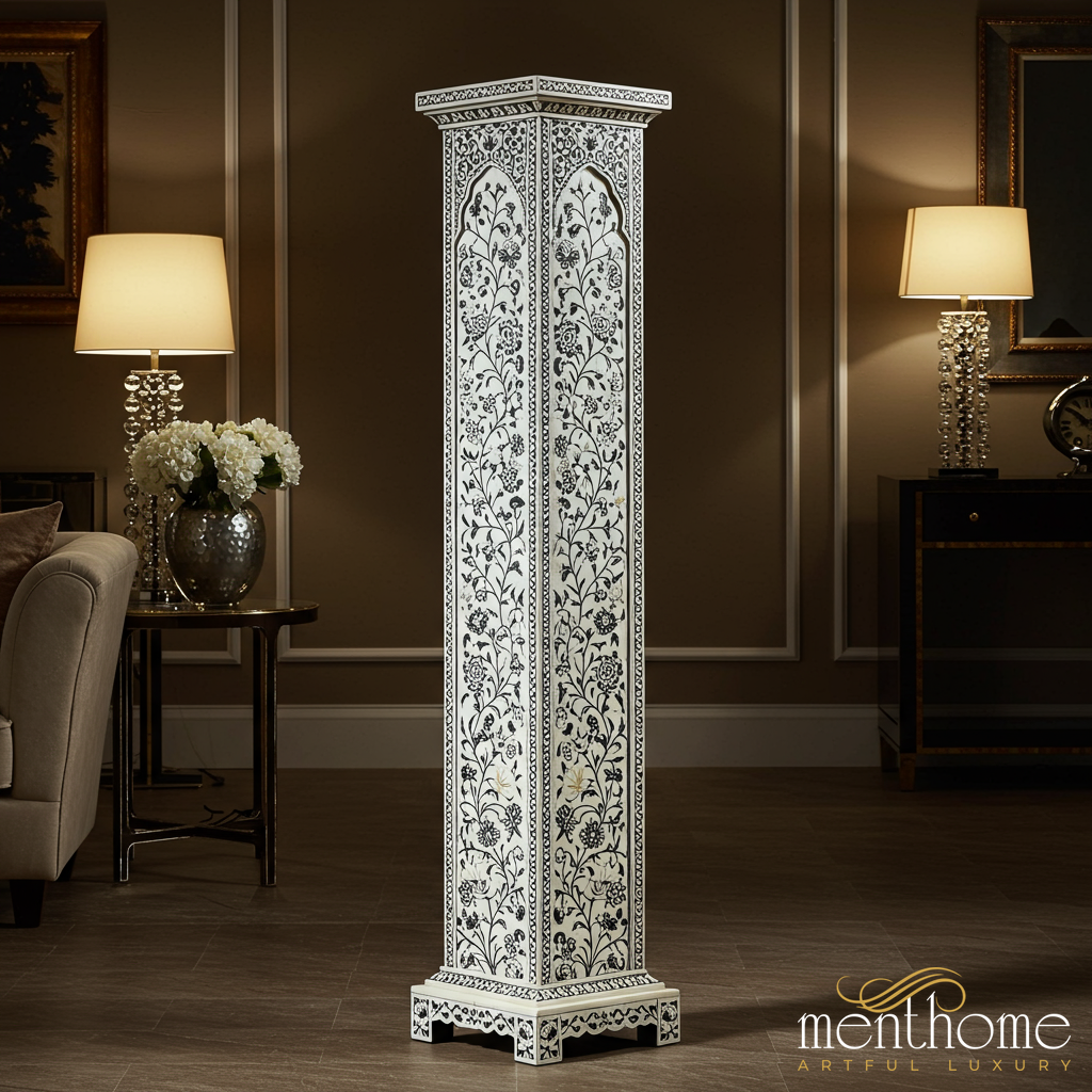 Handcrafted Bone Inlay Floral Design Pedestal Stand | Luxury Handmade Tallboy