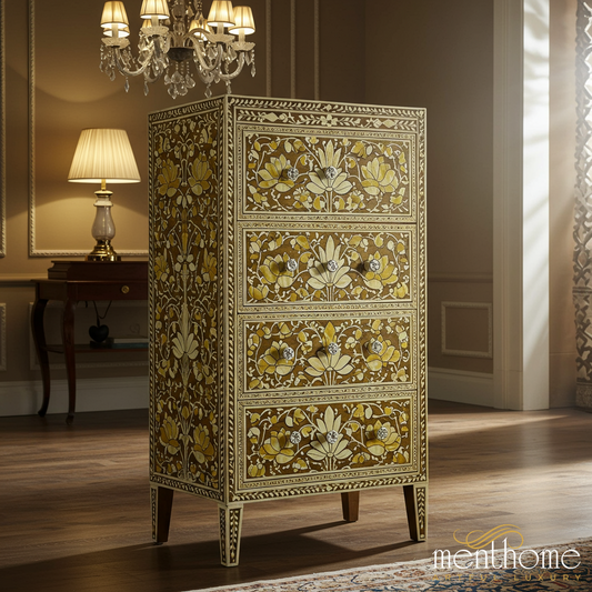Handcrafted Floral Inlay Wooden Chest of Drawers | Luxury Handmade Tallboy