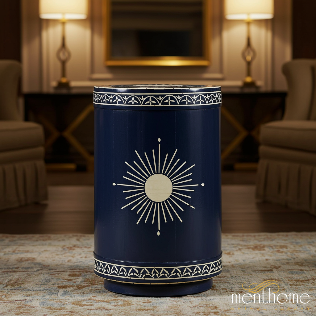 Navy Blue Decorative Side Table with Sunburst Design | Luxury Handmade Stool