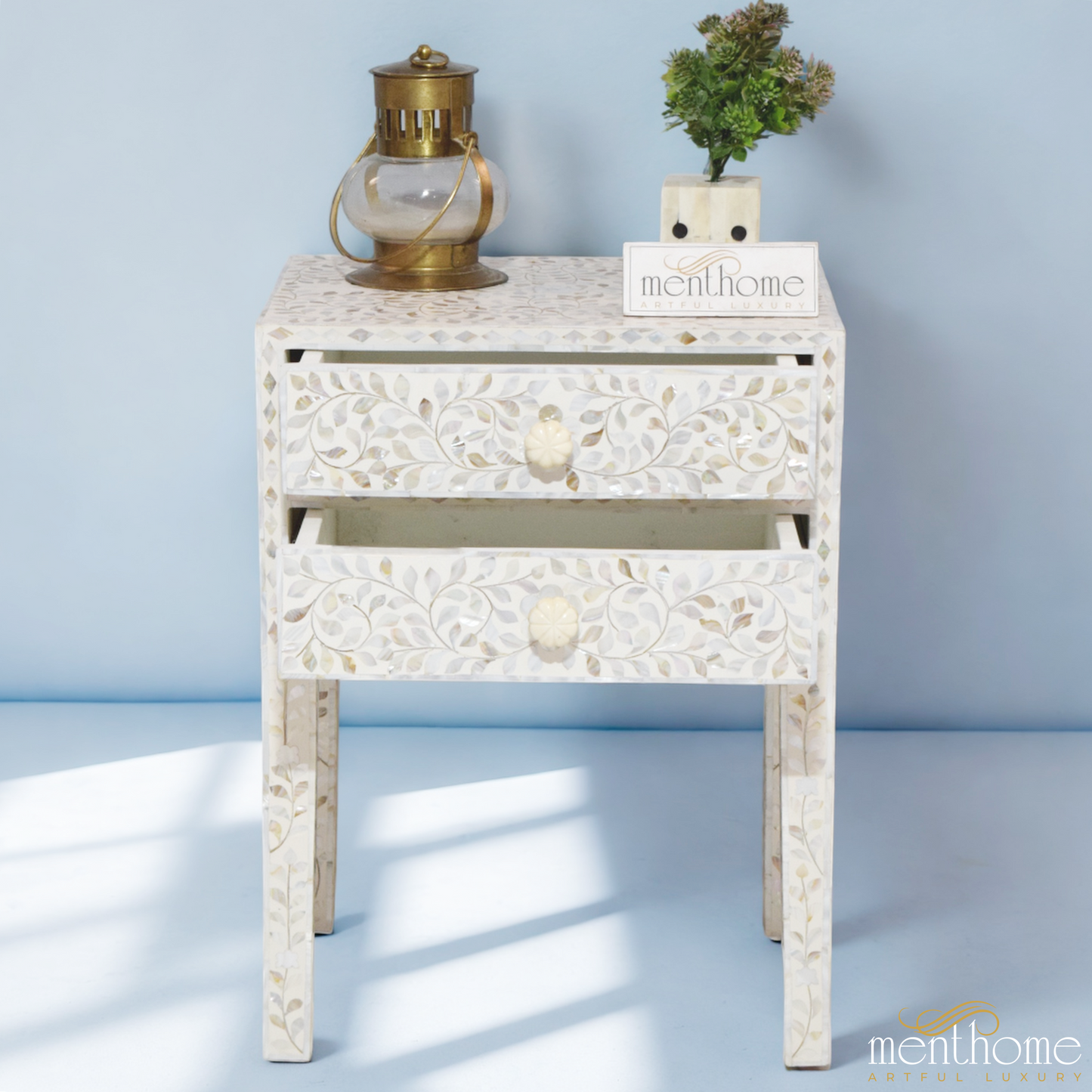 White Mother of Pearl inlay bedside table | Luxury Handmade Bedside Table
