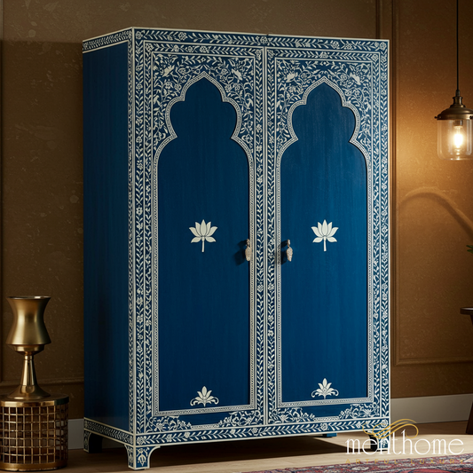 Handcrafted Blue Lotus Inlay Wooden Wardrobe | Luxury Handmade Wardrobe