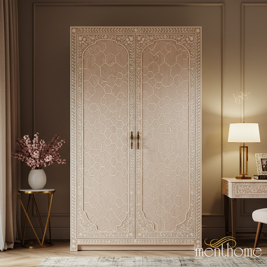 Elegant Hand-Carved Two-Door Wardrobe | Luxury Handmade Wardrobe