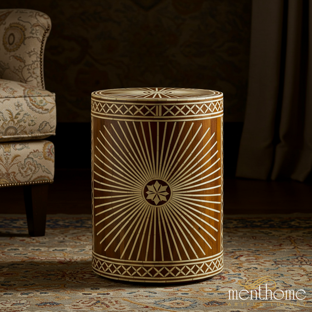 Decorative Wooden Round Side Table with Sunburst Inlay | Luxury Handmade Stool