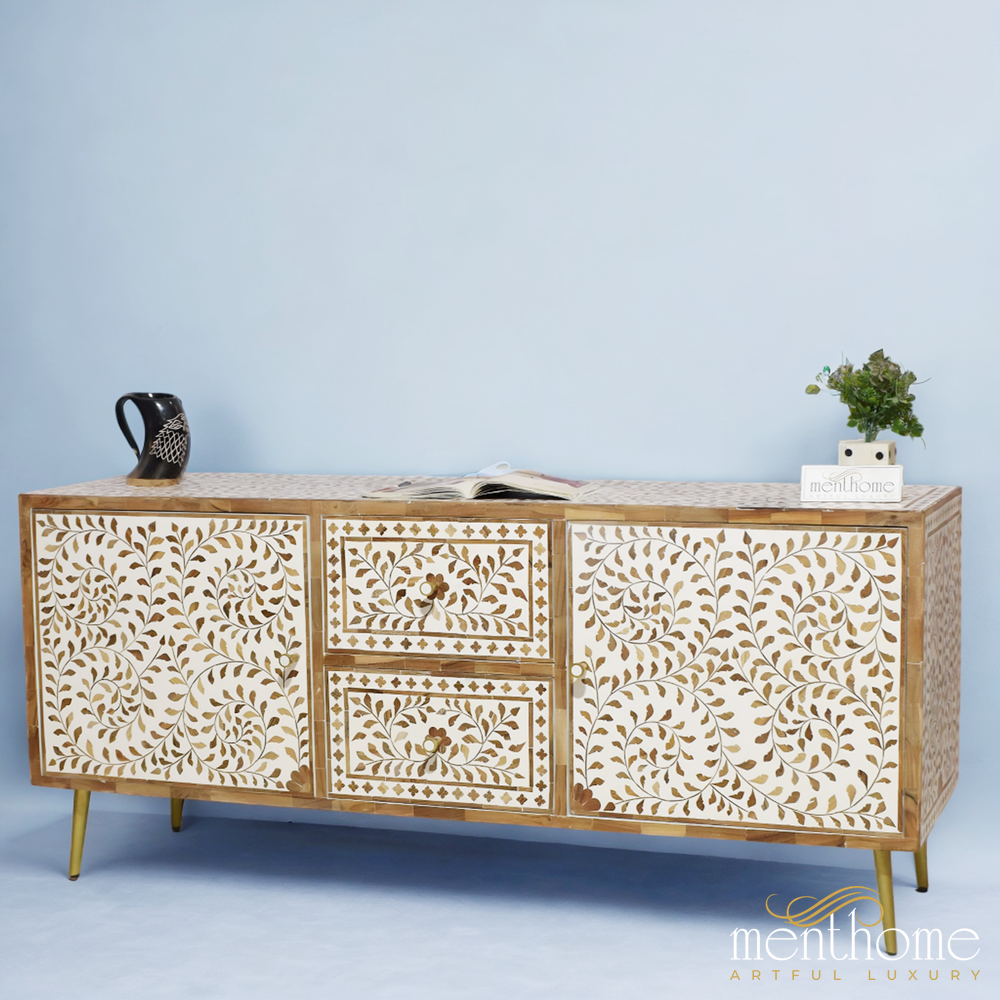 Floral wooden Inlay Entertainment cabinet | Luxury Handmade Cabinet