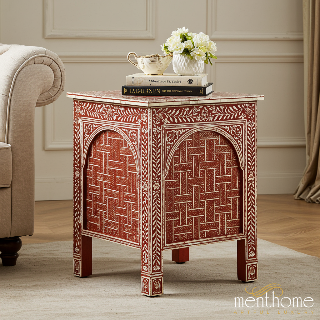 Red and White Moroccan Pattern Cabinet | Luxury Handmade Side Table