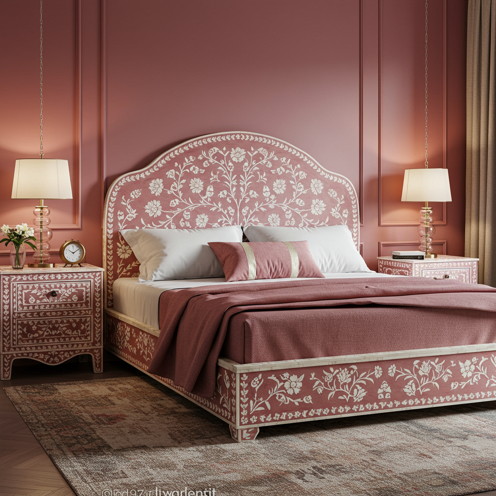 Handcrafted Floral Inlay King Bed with Matching Nightstands