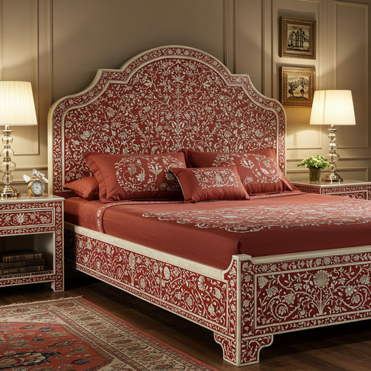 Luxury Handcrafted Red Floral Inlay King Bed