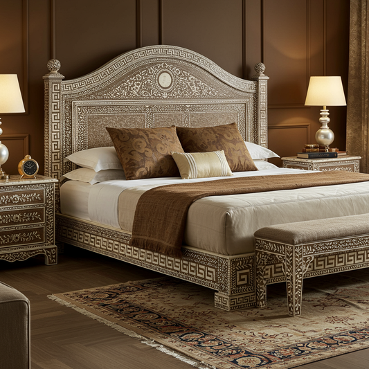 Luxury Handcrafted Bone Inlay King Bed with Nightstands
