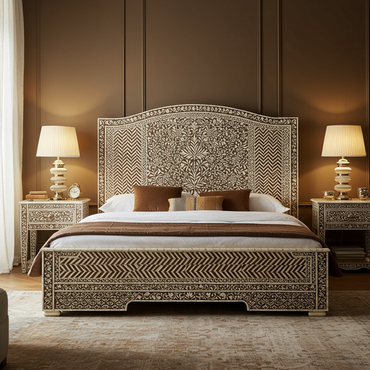 Luxury Handcrafted Inlaid King Bed with Matching Nightstands