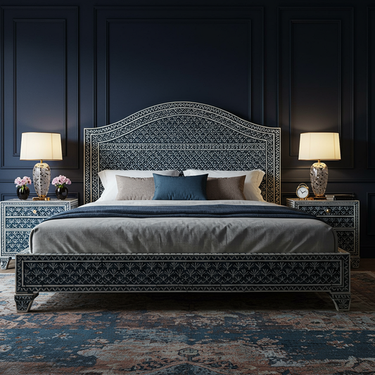 Luxury Handcrafted Inlay Patterned King Bed with Nightstands