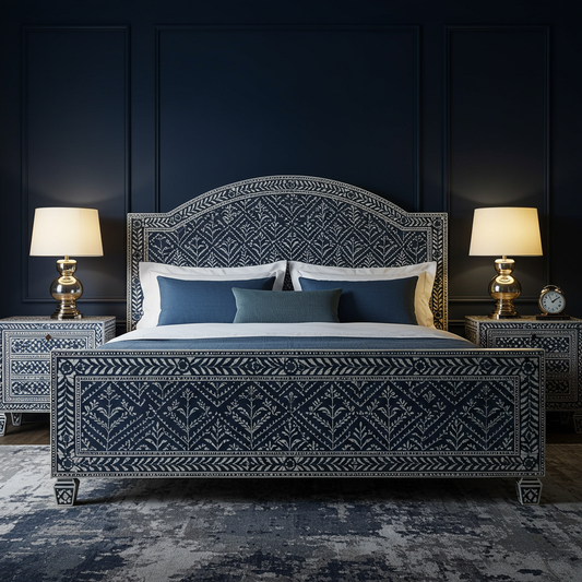 Luxury Handcrafted Bone Inlay King Bed with Matching Nightstands