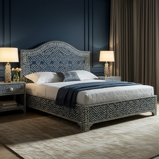 Luxury Handcrafted Bone Inlay King Bed with Nightstands