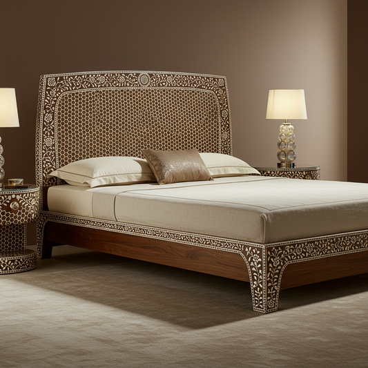 Luxury Inlaid Wooden Bed with Elegant Floral Detailing