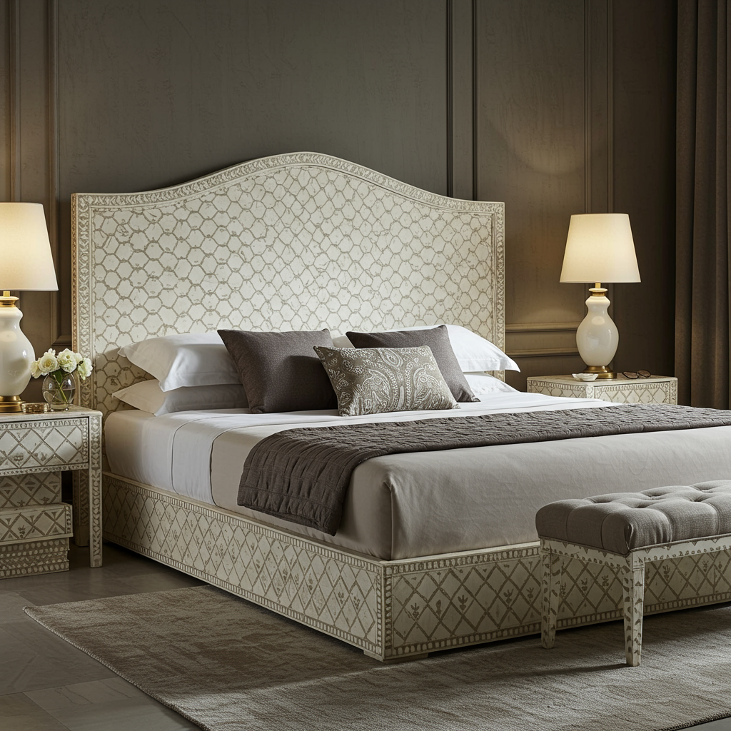 Luxury Patterned Upholstered Bed with Matching Nightstands and Bench