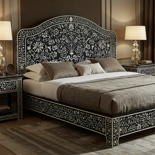 Luxury Inlaid Bone Carved King Size Bed