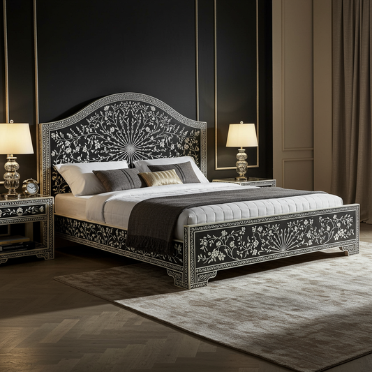 Luxury Handcrafted Black and White Floral Inlay King Bed