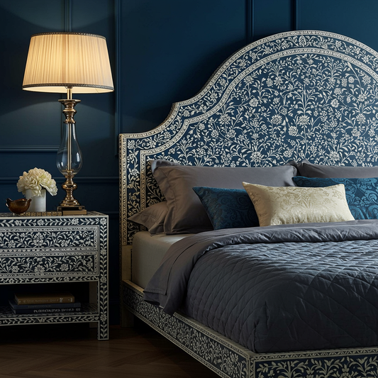 Luxury Handcrafted Floral Inlay King Bed with Matching Nightstand