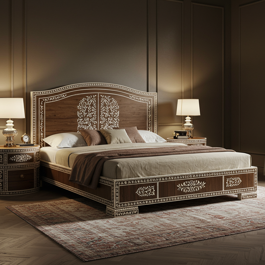 Luxury Handcrafted Inlaid Wood King Bed with Matching Nightstands