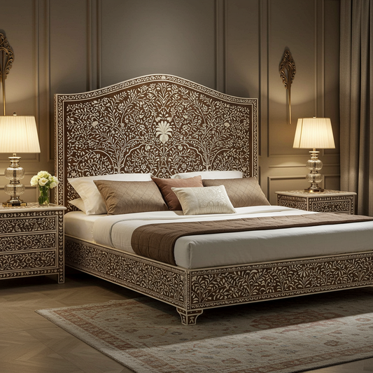 Luxury Handcrafted Floral Inlay King Bed with Matching Nightstands