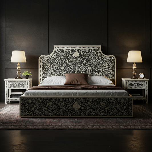 Luxury Handcrafted Inlay King Bed with Matching Nightstands
