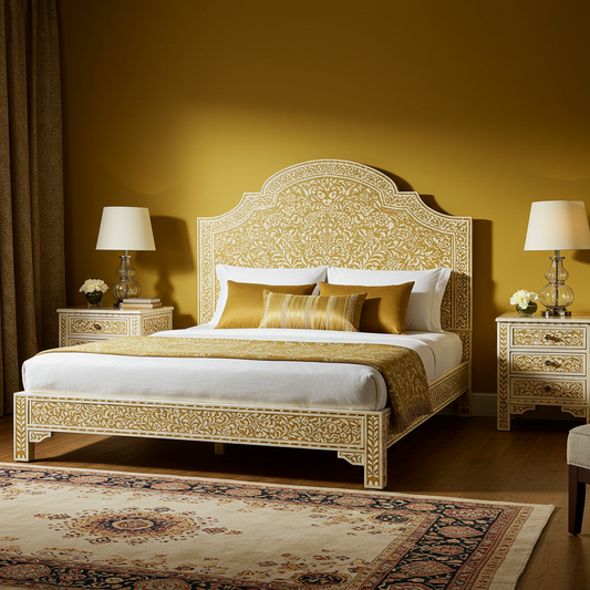 Luxury Handcrafted Bone Inlay King Bed with Matching Nightstands