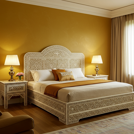 Luxury Handcrafted Bone Inlay King Bed with Matching Nightstands
