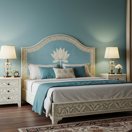 Luxury Inlaid Bone Handcrafted King Size Bed Set