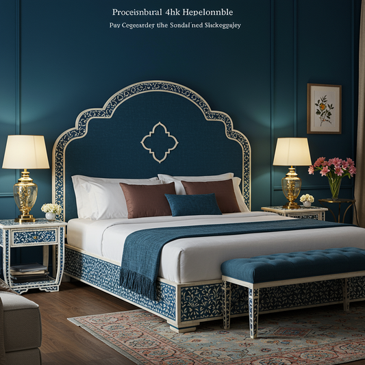 Luxury Inlaid Blue Upholstered Bed Set
