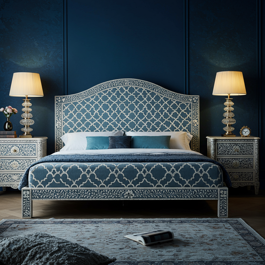 Luxury Handcrafted Blue Patterned King Bed with Matching Nightstands