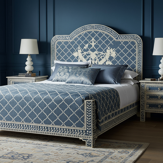 Luxury Handcrafted Blue Bone Inlay King Bed