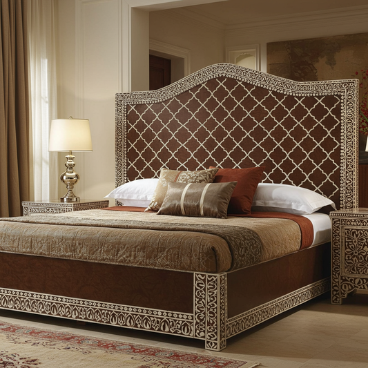 Luxury Handcrafted Brown Inlay Bed with Ornate Headboard