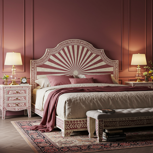 Luxury Hand-Painted Wooden Bed & Nightstand Set